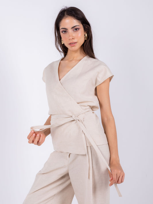 Beige Linen Crossover Kimono