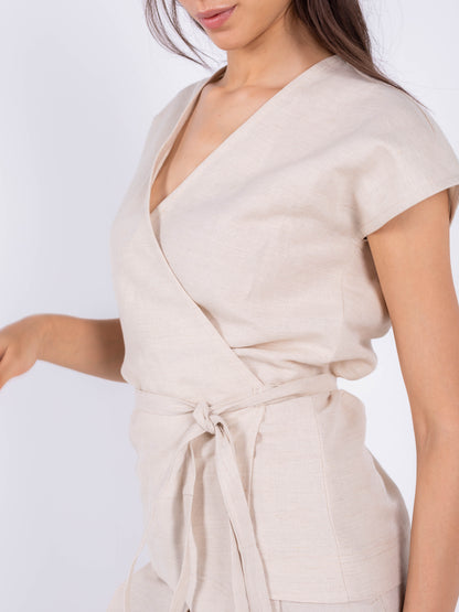 Beige Linen Crossover Kimono