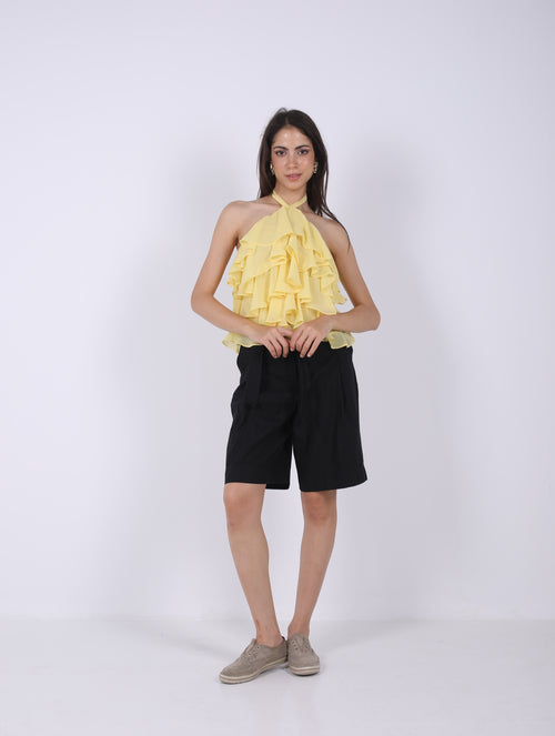 100% LINEN SHORT PLEATED BERMUDA SHORTS IN BLACK