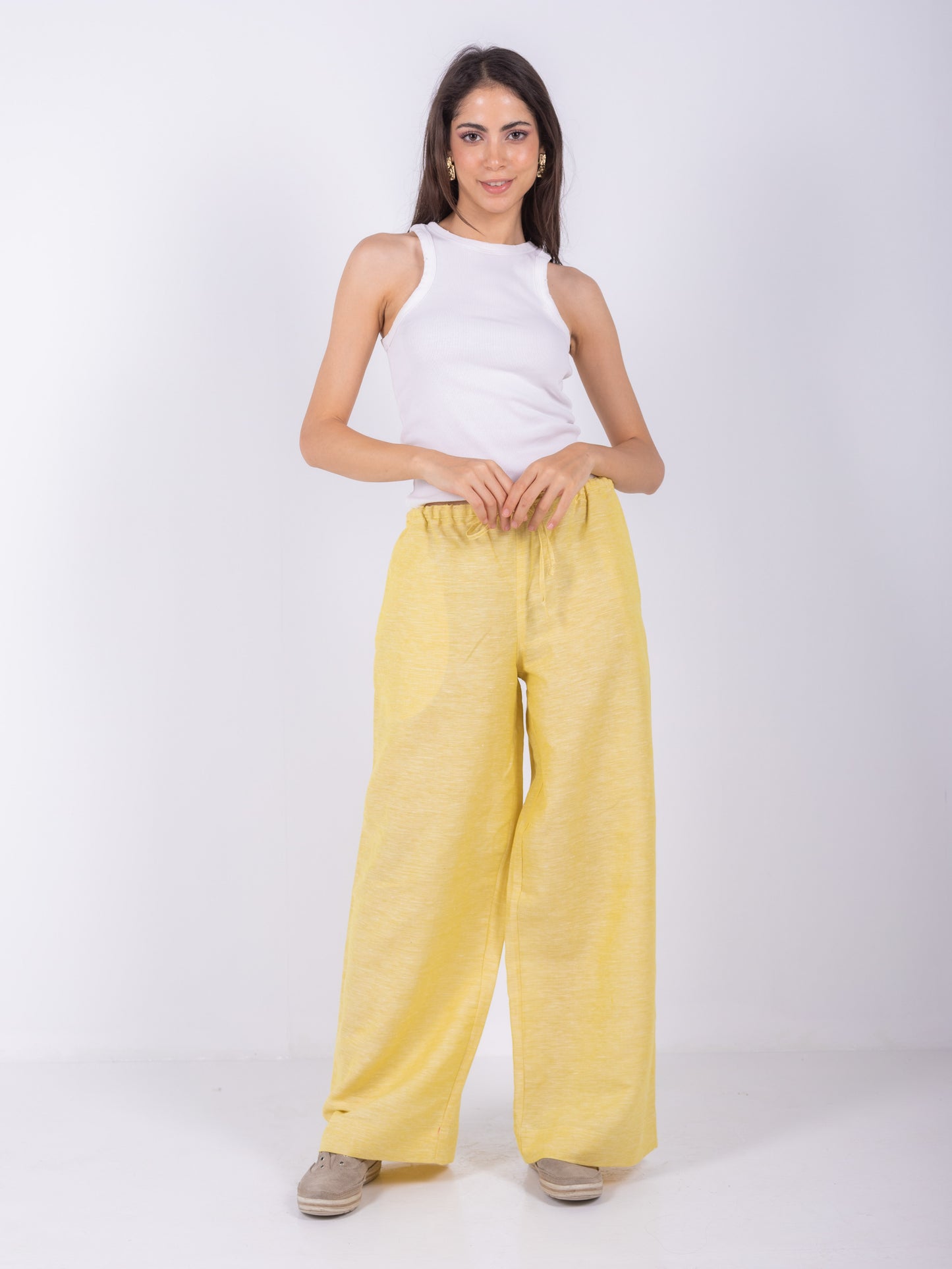 Yellow Wide Leg Pants, 100% Linen