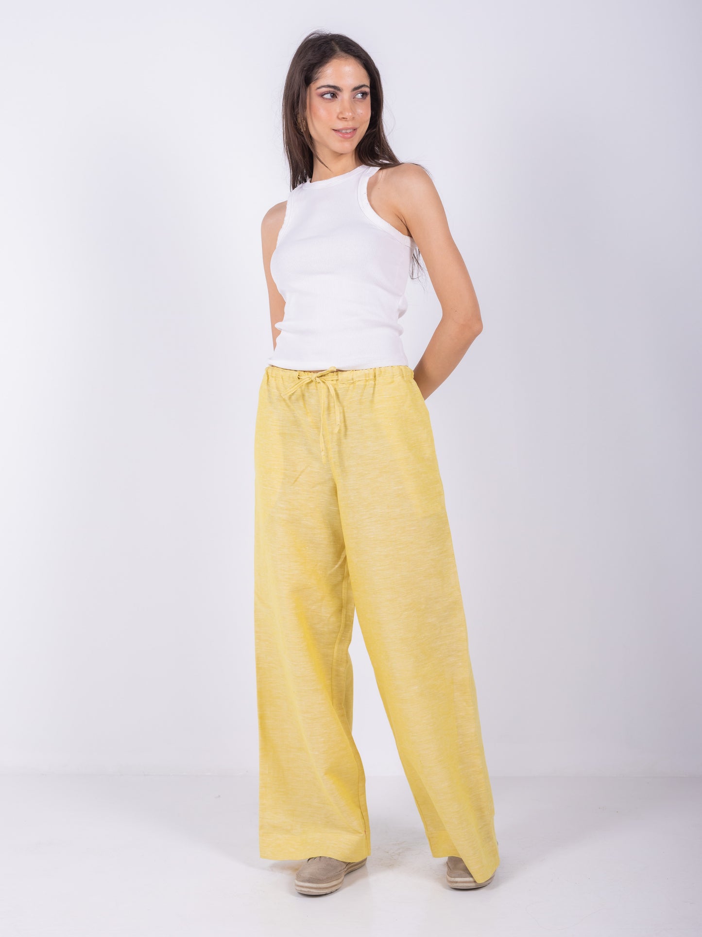Yellow Wide Leg Pants, 100% Linen