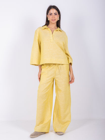 Yellow linen blouse with collar shirt