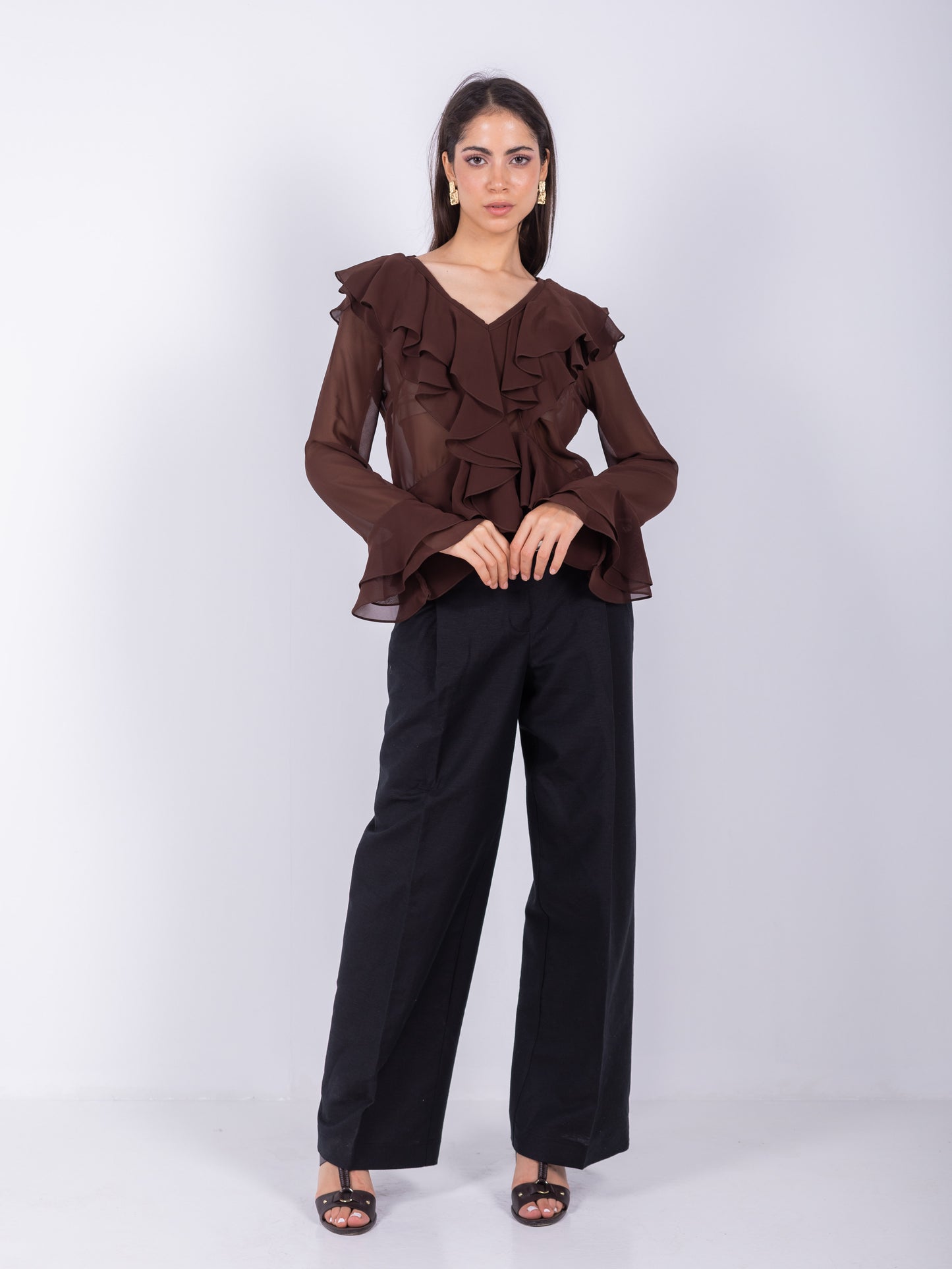 Ruffled brown chiffon blouse