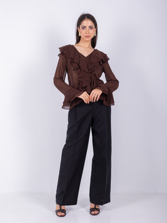 Ruffled brown chiffon blouse