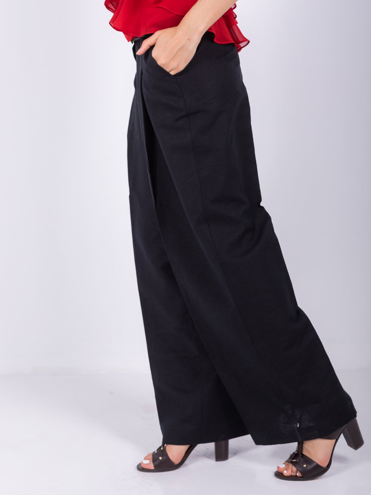 100% BLACK LINEN WIDE-LEG PANTS