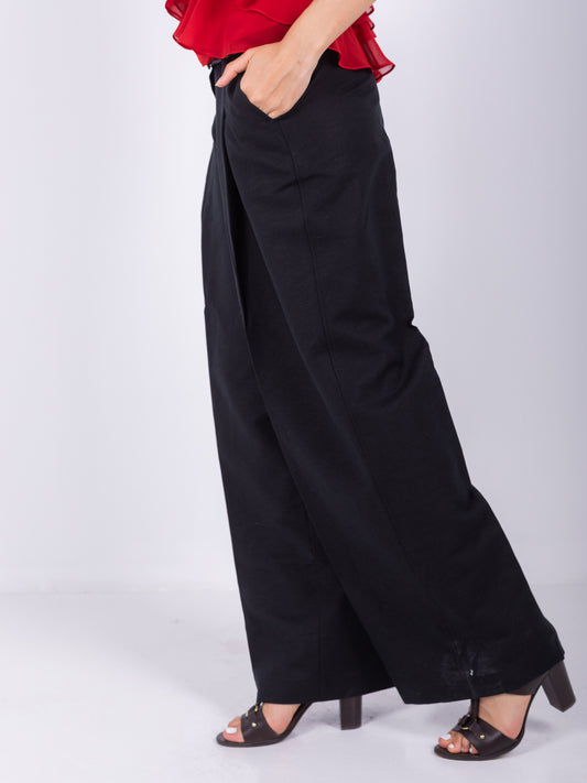 100% BLACK LINEN WIDE-LEG PANTS