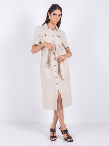 MIDI BEIGE LINEN BEIGE DRESS