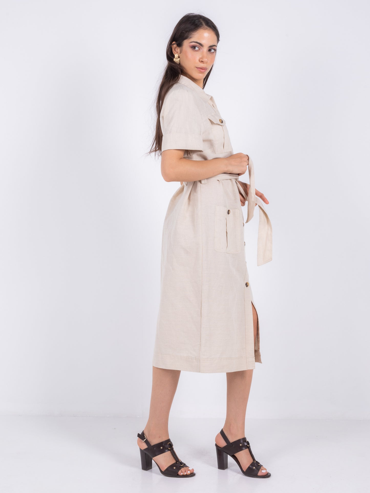 MIDI BEIGE LINEN BEIGE DRESS