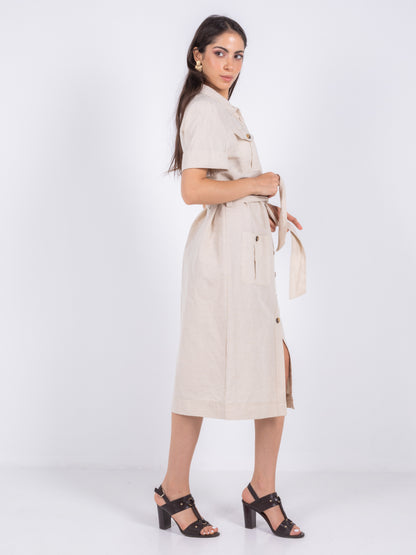 MIDI BEIGE LINEN BEIGE DRESS
