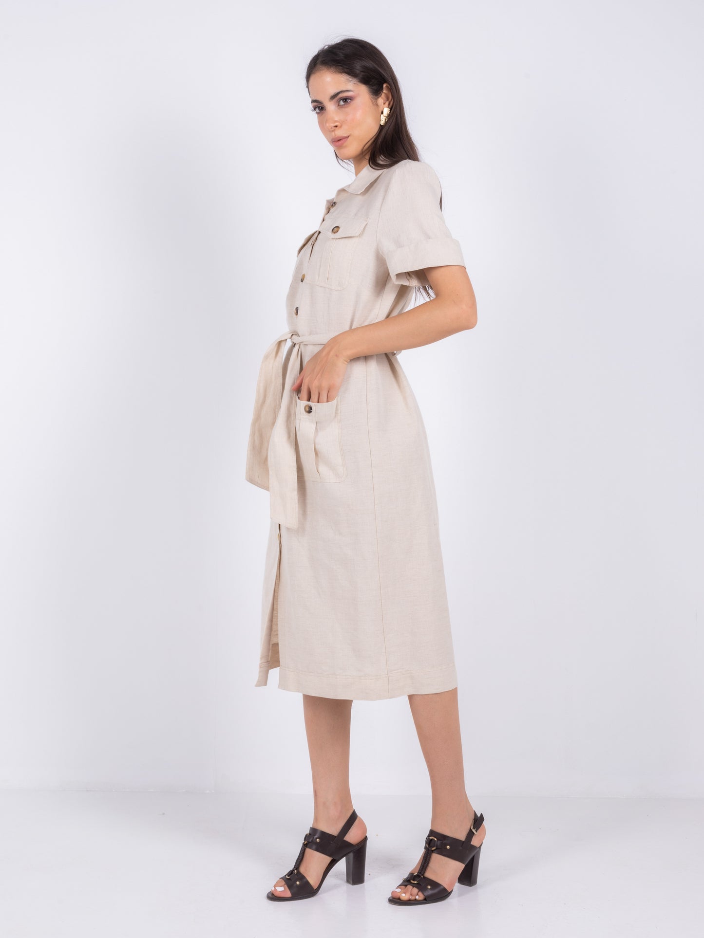 MIDI BEIGE LINEN BEIGE DRESS