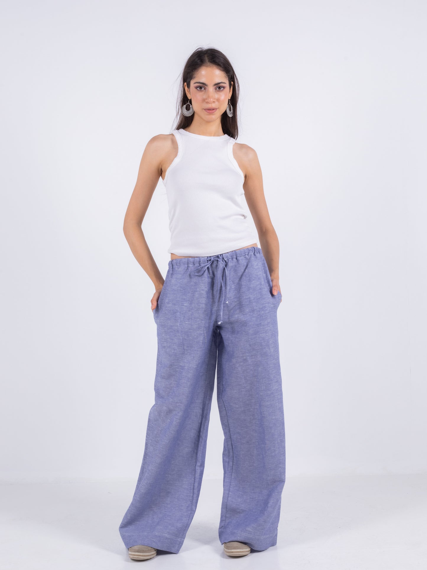 Blue Wide Leg Linen Pants, 100% Linen