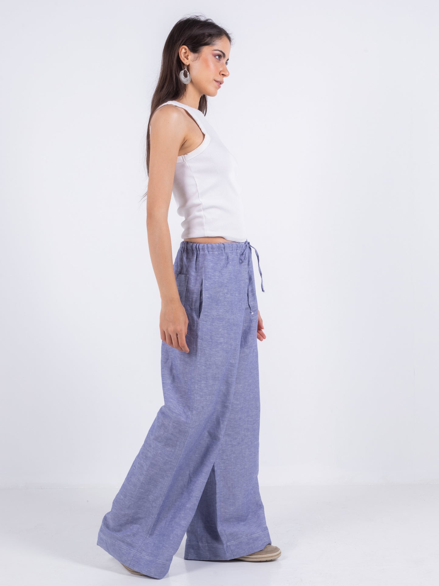 Blue Wide Leg Linen Pants, 100% Linen