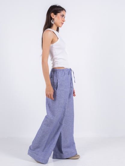 Blue Wide Leg Linen Pants, 100% Linen