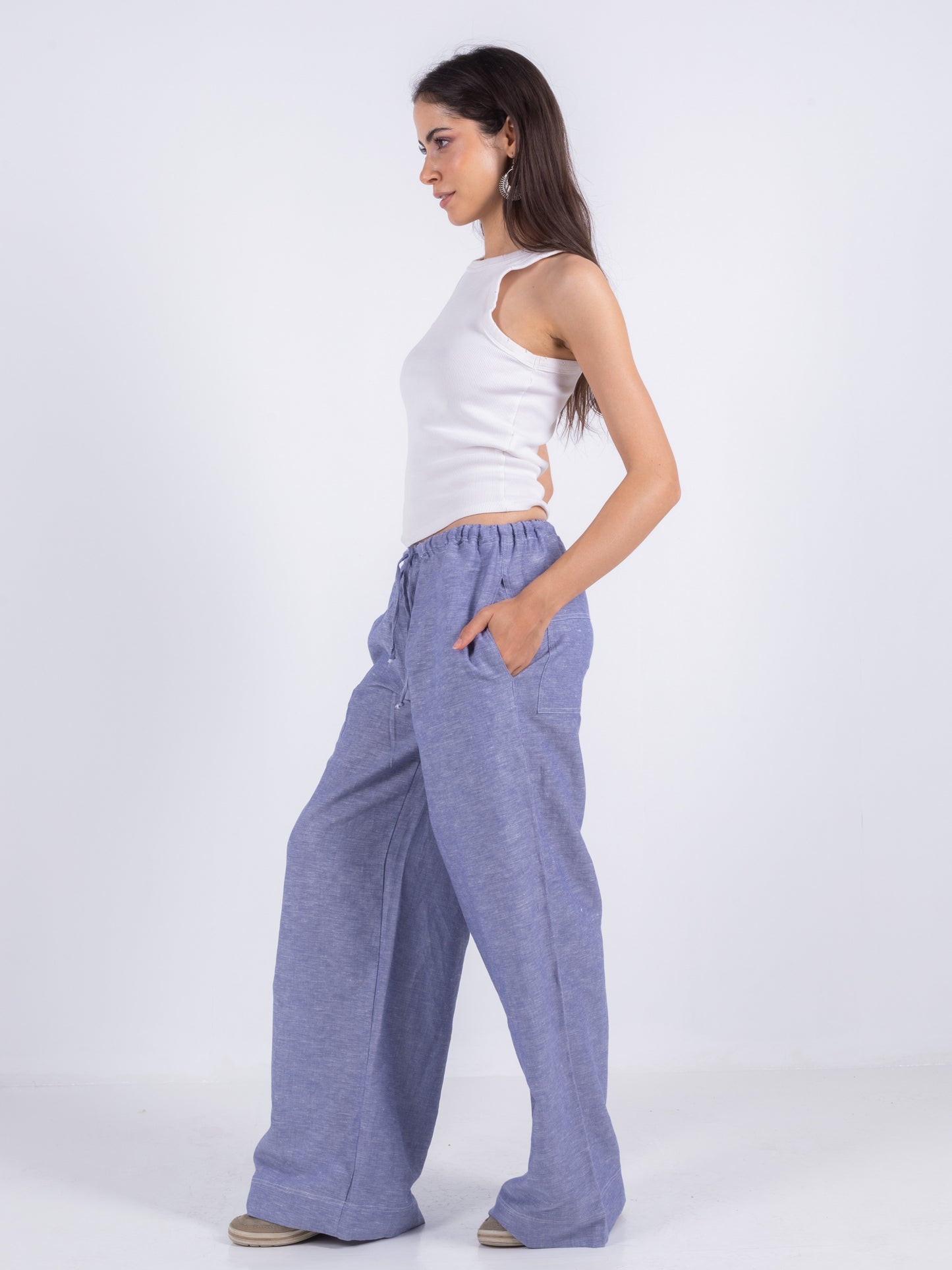 Blue Wide Leg Linen Pants, 100% Linen