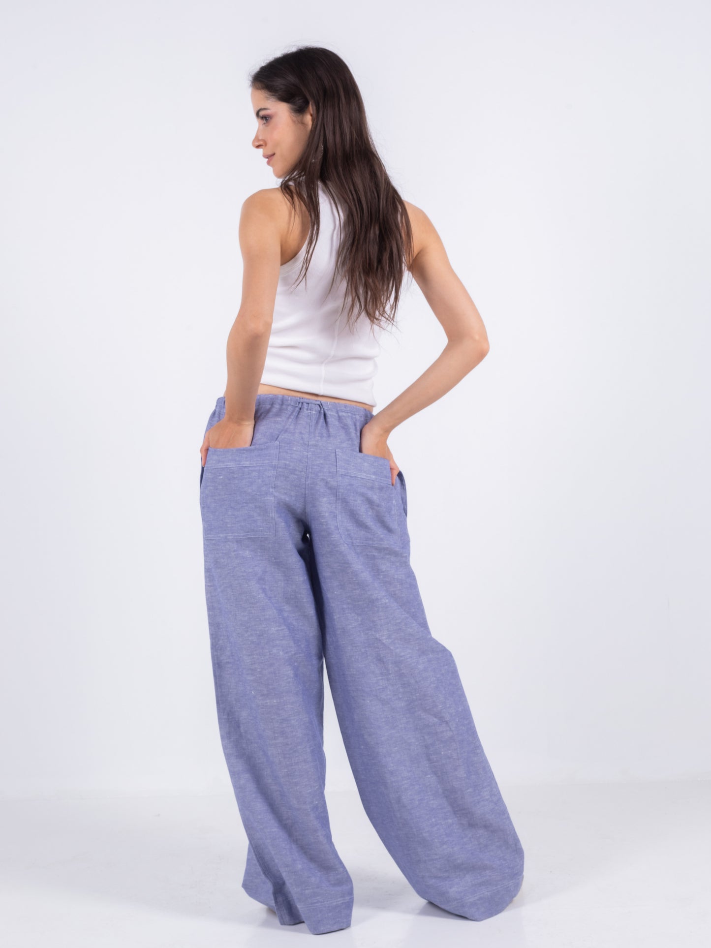 Blue Wide Leg Linen Pants, 100% Linen