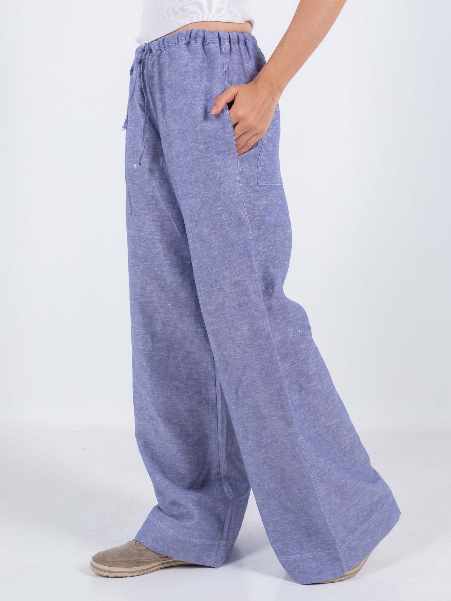 Blue Wide Leg Linen Pants, 100% Linen