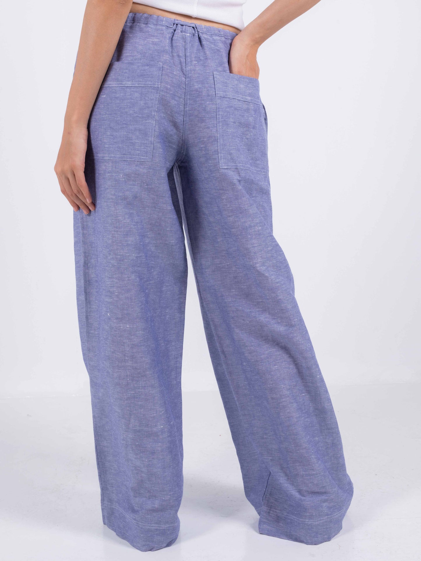 Blue Wide Leg Linen Pants, 100% Linen