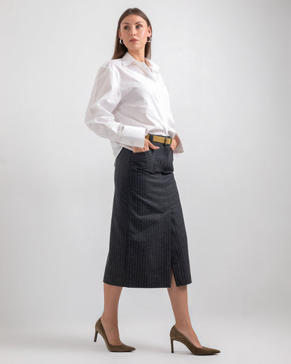 BLACK STRIPED MIDI SKIRT