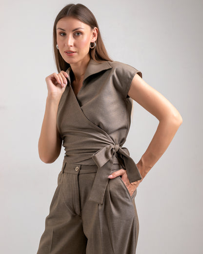 BROWN WRAP BLOUSE