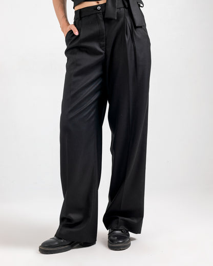 BLACK PLEATED WIDE-LEG PANTS