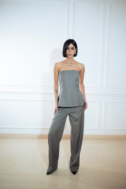 GREY STRAPLESS TOP &  FITTED STRAIGHT LEG TROUSERS