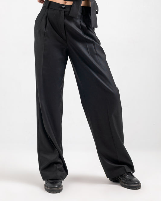 BLACK PLEATED WIDE-LEG PANTS