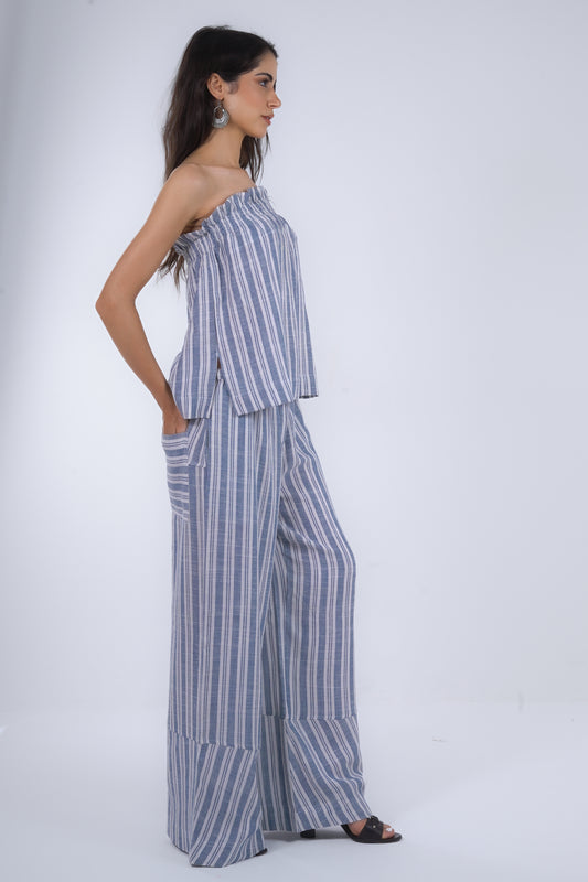 Blue Striped Wide Leg Linen Pants
