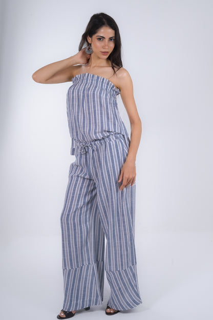 Blue Striped Wide Leg Linen Pants