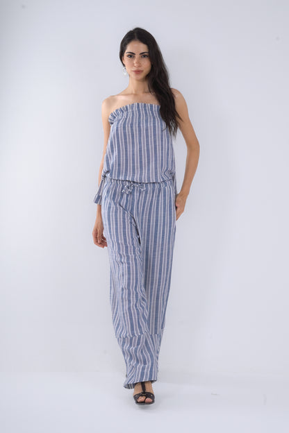 Blue Striped Wide Leg Linen Pants
