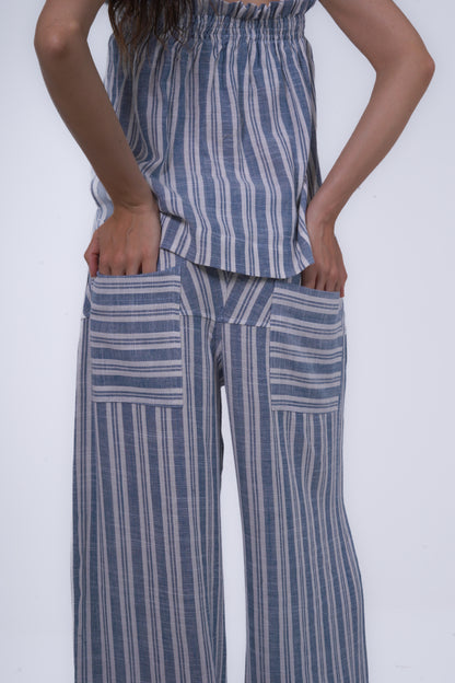 Blue Striped Wide Leg Linen Pants