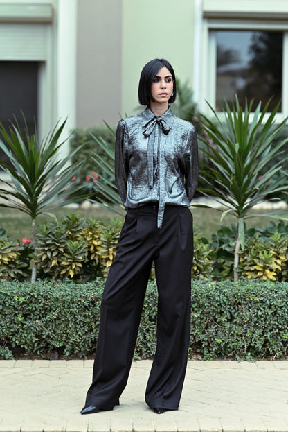 BLACK PLEATED WIDE-LEG PANTS