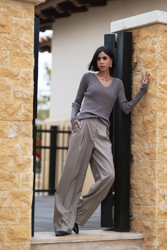 BEIGE  PLEATED  WIDE-LEG  PANTS