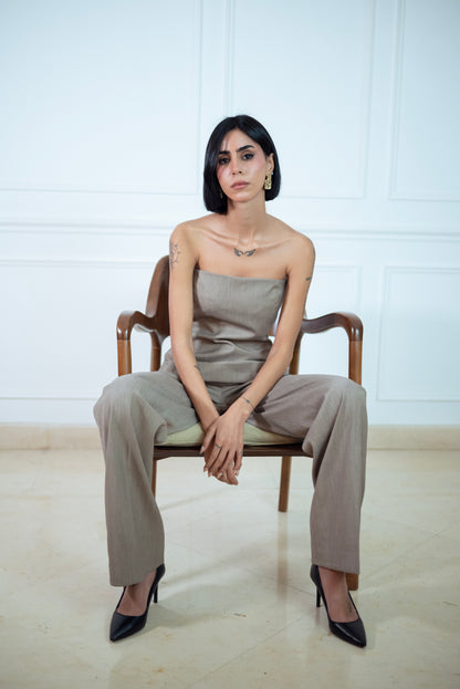 GREY STRAPLESS TOP &  FITTED STRAIGHT LEG TROUSERS