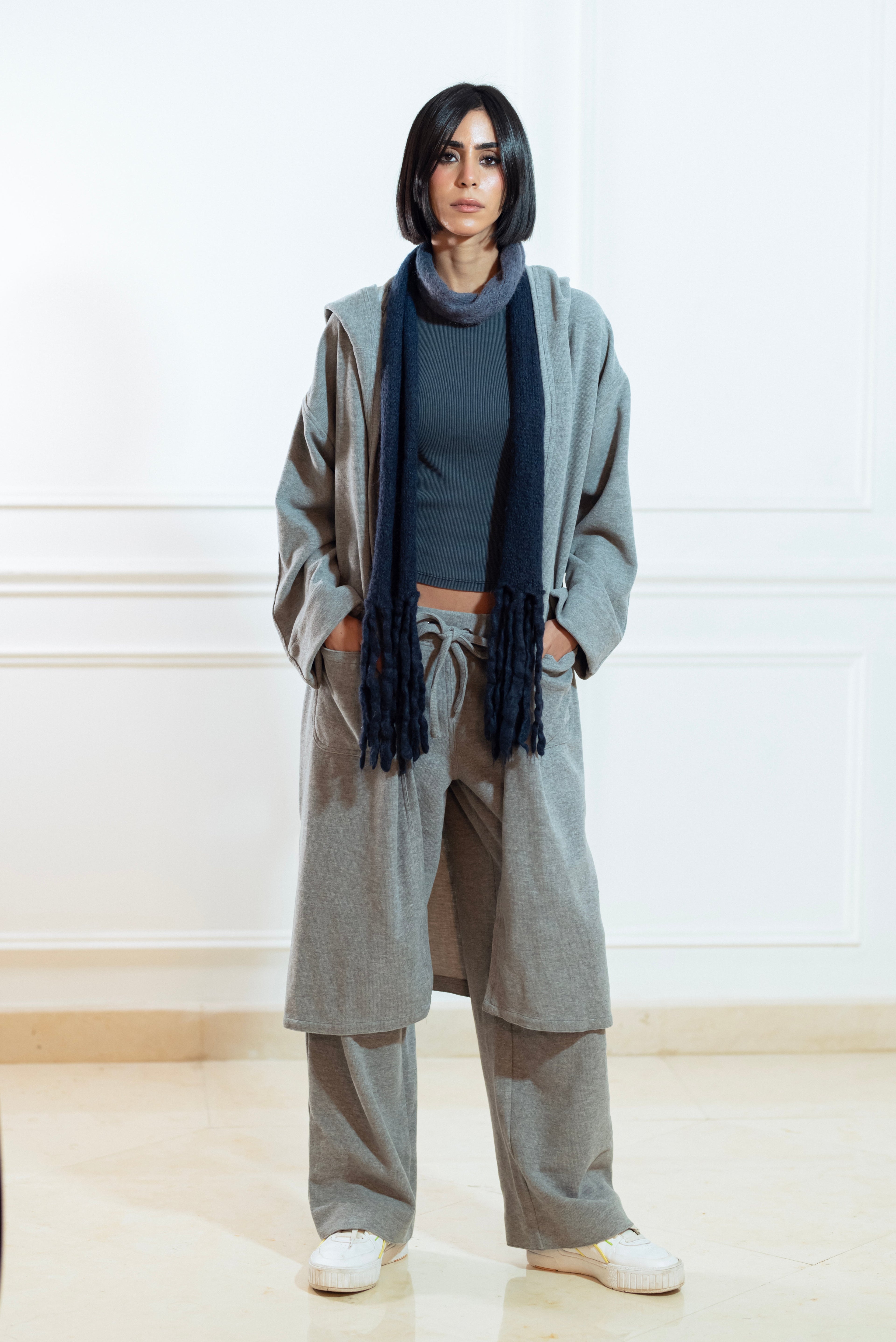 GREY CASHMERE LONG LOUNGE CARDIGAN  & SWEATPANTS