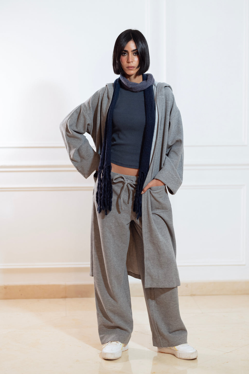 GREY CASHMERE LONG LOUNGE CARDIGAN  & SWEATPANTS
