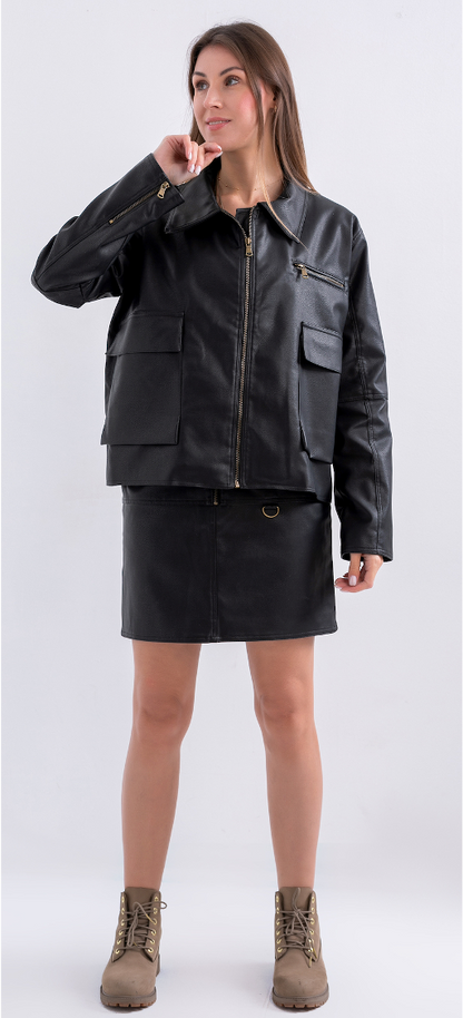 BLACK Leather Jacket & Skirt