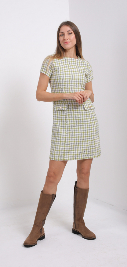 Green-white  tweed short dress