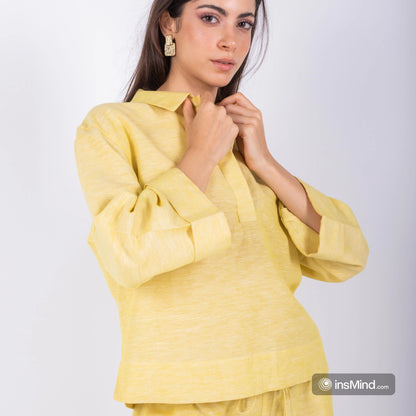 Yellow linen blouse with collar shirt