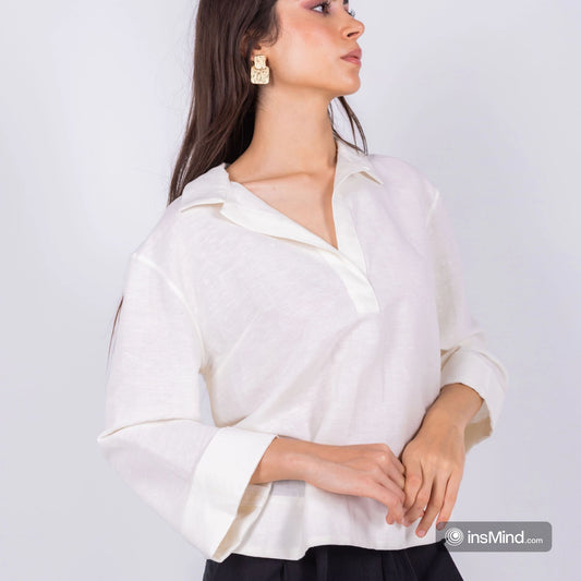 Off-white linen blouse with collar shirt