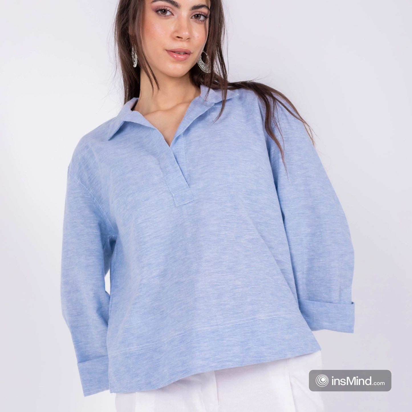 Blue linen blouse with collar shirt