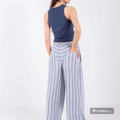 Blue Striped Wide Leg Pants, 100% Linen