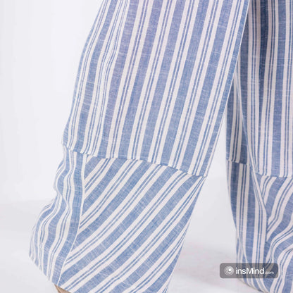 Blue Striped Wide Leg Pants, 100% Linen