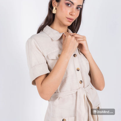 MIDI BEIGE LINEN BEIGE DRESS