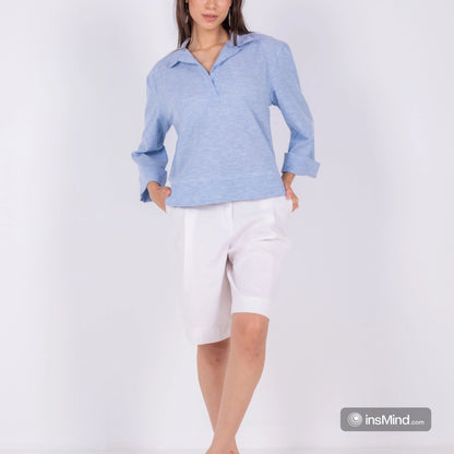 Blue linen blouse with collar shirt