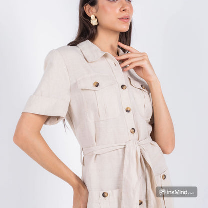 MIDI BEIGE LINEN BEIGE DRESS