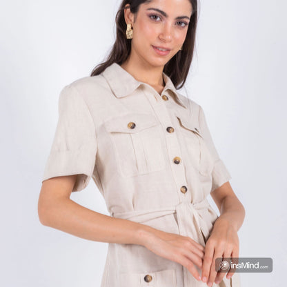 MIDI BEIGE LINEN BEIGE DRESS