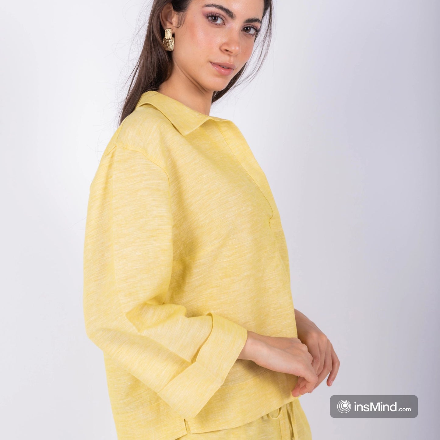 Yellow linen blouse with collar shirt