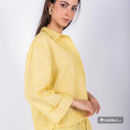 Yellow linen blouse with collar shirt