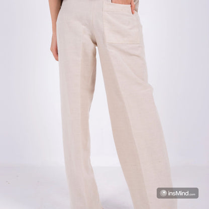 100%BEIGE LINEN WIDE-LEG PANTS