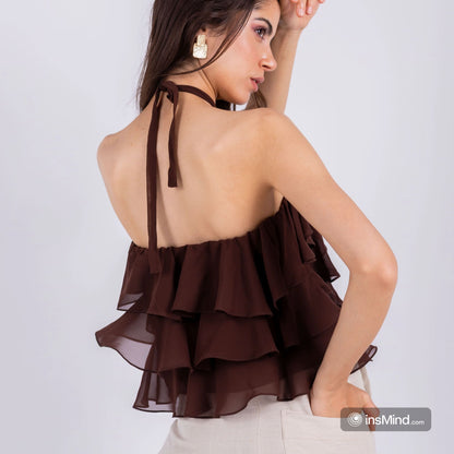 Brown Chiffon Ruffles Top